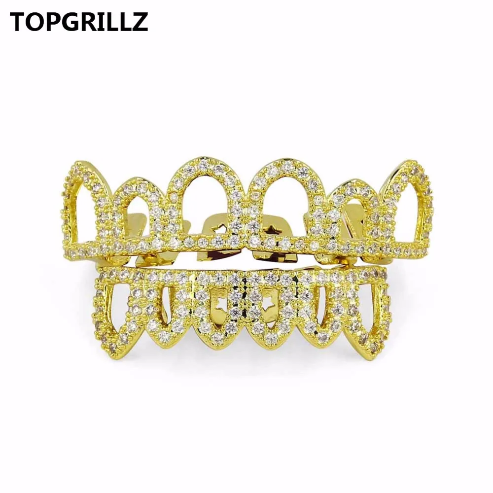 TOPGRILLZ чистое золото цвет покрытием хип хоп микро Pave CZ Клык полый верх и дно GRILLZ вампирские зубы грили набор