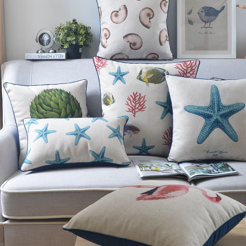 

Vintage Mediterranean Marine Cushion Cover Starfish Conch Coral Fish Pillow Covers Linen Cotton Decorative Sofa Throw Pillowcase