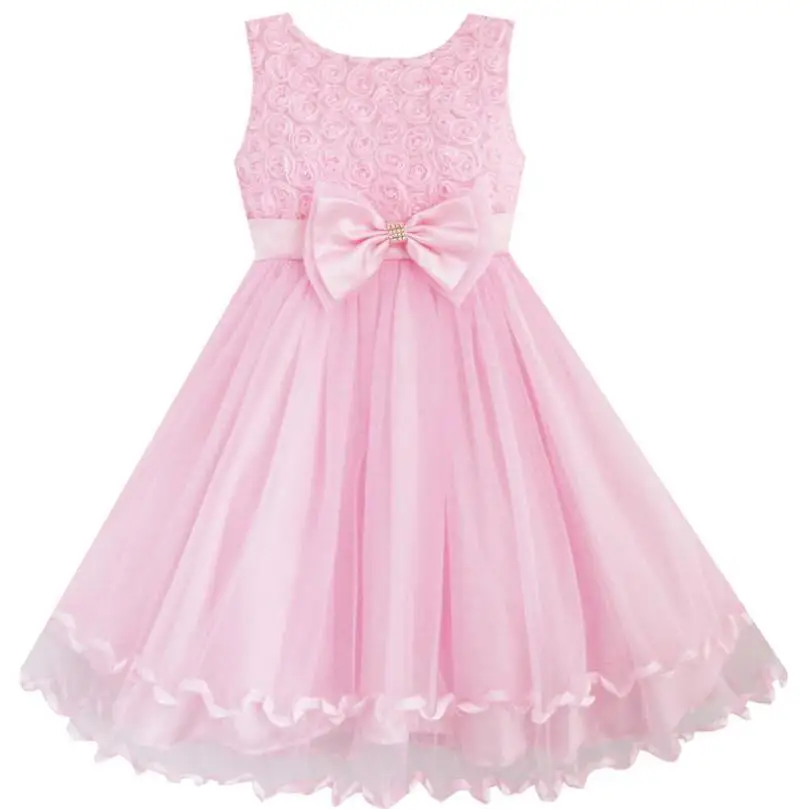 

Flower Girl Dress Pink Rose Bow Tie Belt Wedding Birthday Party Kids Clothes 2019 Summer Princess Dresses Size 2-10 Pageant