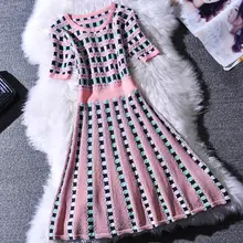 Осеннее модное трикотажное платье с коротким рукавом женское Полосатое клетчатое платье с высокой талией тонкое плиссированное платье