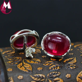 

Stud Earrings With Stone Elegant Red Jade Simple Geometry Design 100% 925 Sterling Silver Women Jewelry Gem Wedding Party Gift