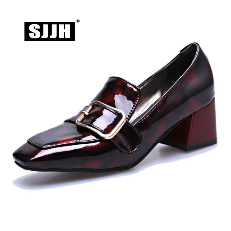 SJJH Woman Causal Pumps with Square Toe Block Heels Fashion Comfortable Footwear Patent Leather Working Shoes Large Size S021