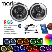 Для Wrangler JK CJ 7 дюймов RGB DRL Halo Ring круглый светодиодный фары ангельские глазки с разноцветным Bluetooth пультом дистанционного управления для Jeep