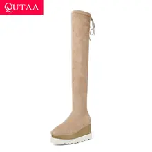 QUTAA/ г. Женские высокие сапоги на молнии со шнуровкой ботфорты из флока на платформе из коровьей кожи Зимняя обувь на танкетке размеры 34-42