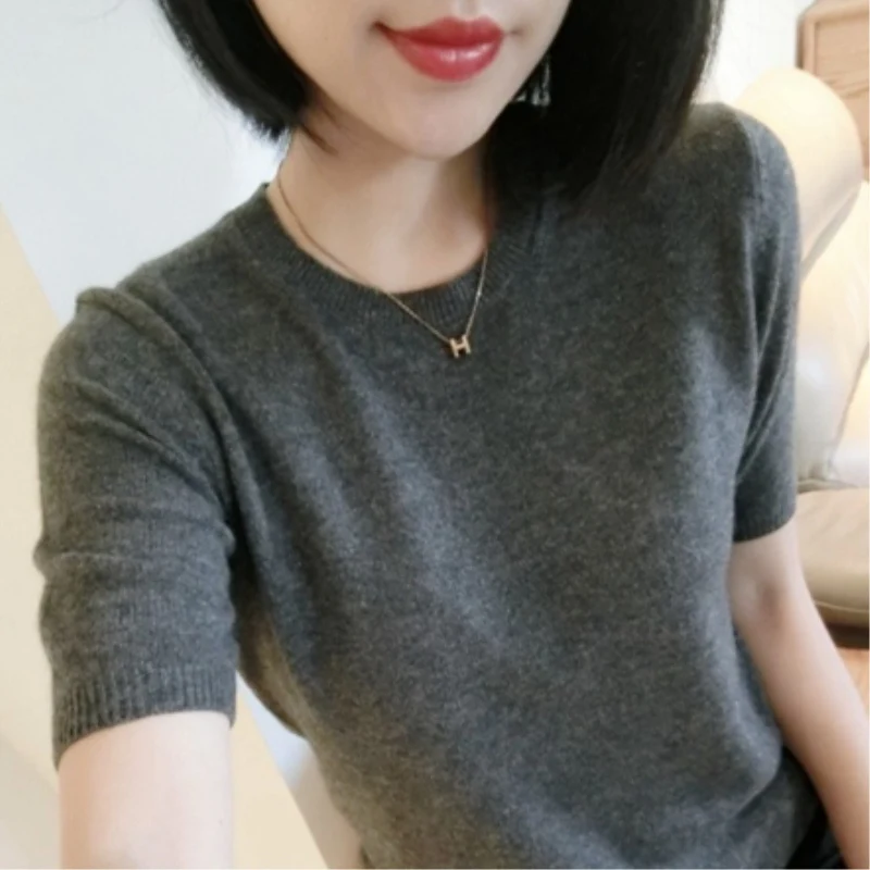 JECH Spring Autumn Women Solid Big Cashmere Wool Sweater Short Sleeve O-neck Pullovers Jumper Computer Knitted Oversize Sweaters