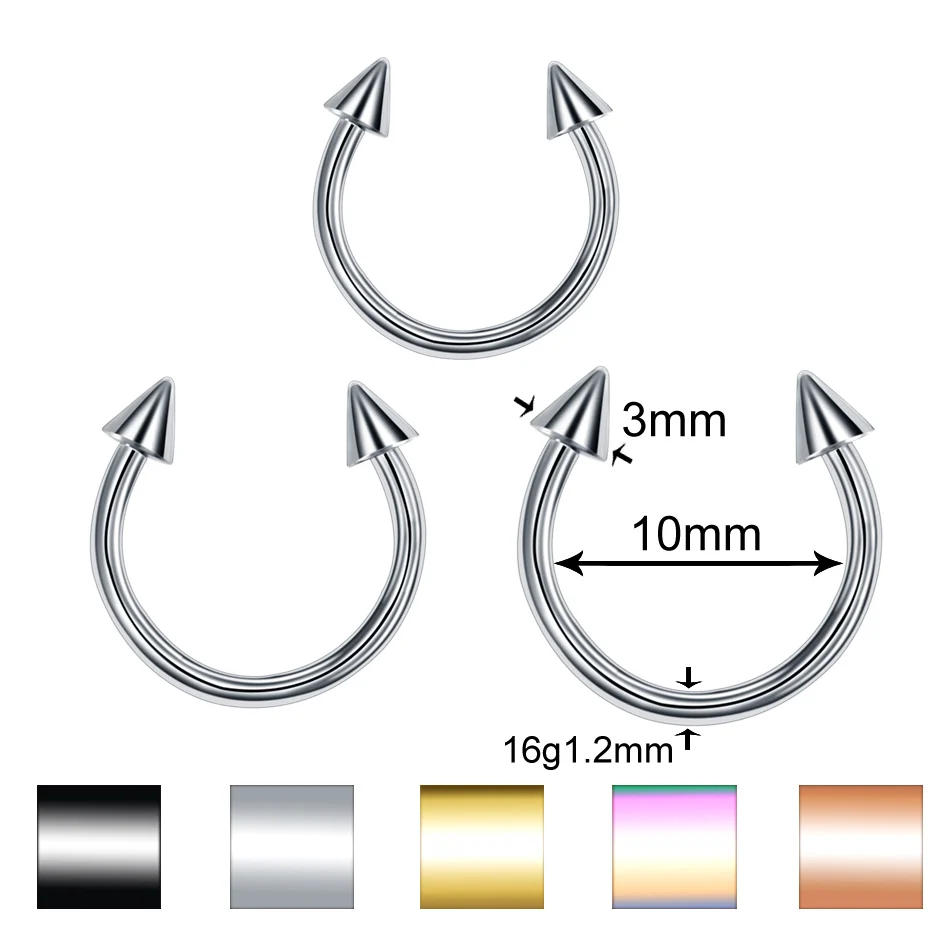 3 шт./лот, стальное разноцветное кольцо для губ, сегментное кольцо для бровей, кольцо в форме подковы, кольцо из бисера, серьги, ювелирные изделия для тела, пирсинг - Окраска металла: Horseshoe Spike