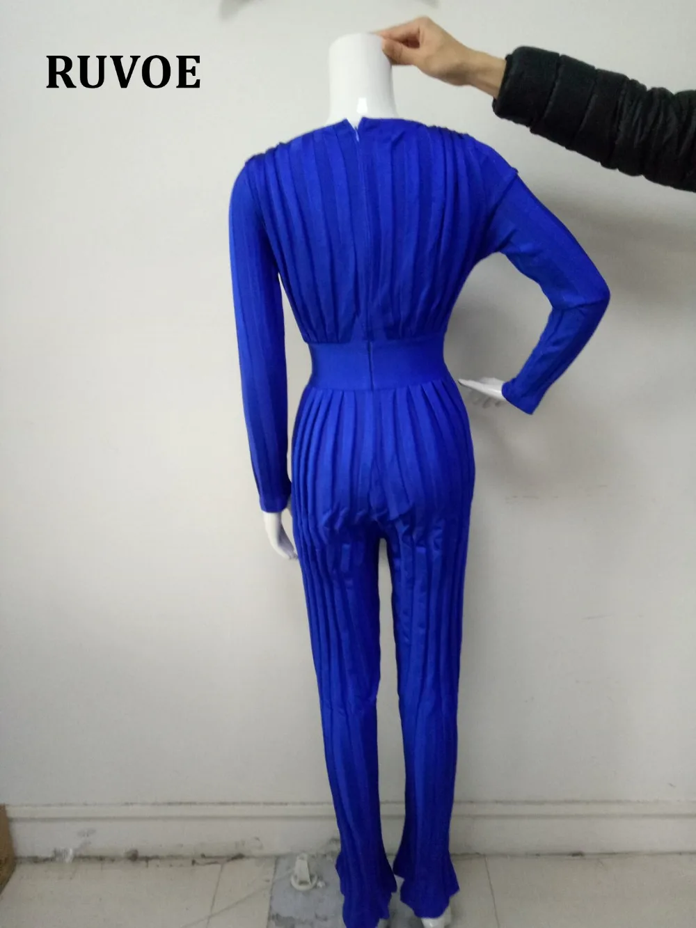 Новый женский подиумный бандажный комбинезон с длинным рукавом комбинезон элегантный синий глубокий v-образный вырез сексуальный