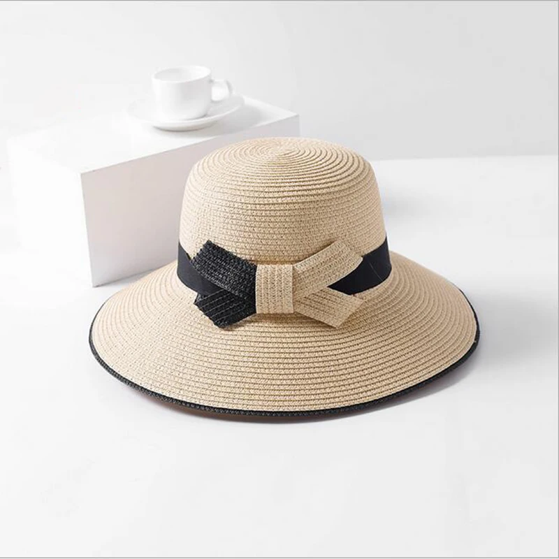 

SUOGRY 2019 New Fashion Bowknot Black White Straw Sun Hat Ladies Summer Beach Sun Visor Hats Over Size Wide Brim Hats For Women