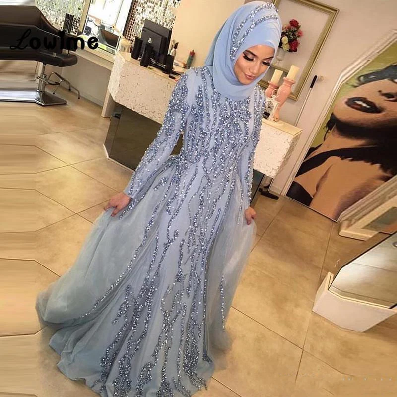 

Vintage Muslim Sparkle Crystal Mermaid Prom Gowns High Collar Full Sleeves Long Evening Gowns Detachable Train Abendkleider 2019