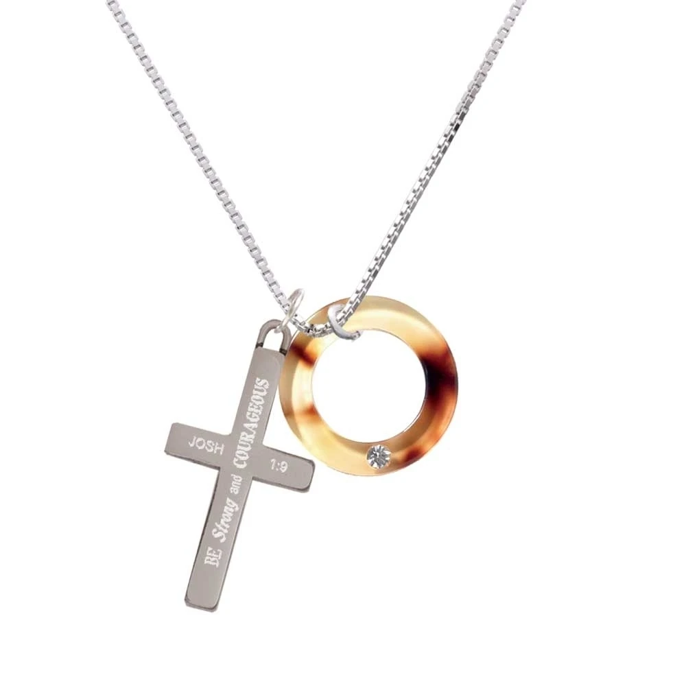 Acrylic 7/8 Ring with 4mm Crystal Mixed Brown and Yellow - Strong and Courageous - Cross Necklace