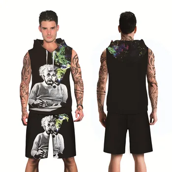 

2019 autumn men's fashion hip hop digital print Einstein 3D breathable polyester sleeveless hoodies and knee length shorts sets