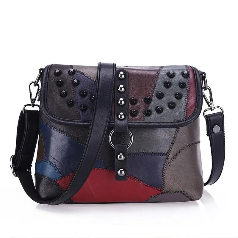  2017 New Patchwork Women Genuine Leather Bag Rivet  Messenger Bags Crossbody Fashion Designer Handbags Shoulder Bag BAGM6180 