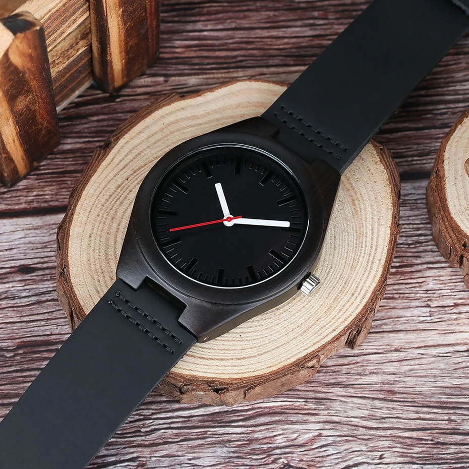 Mens Watches Wood Bamboo Minimalist Style Clock Soft Black Genuine Leather Men's Sport Casual Dress Quartz Watch Reloj de madera 2017 2018 Gifts for Men (4)