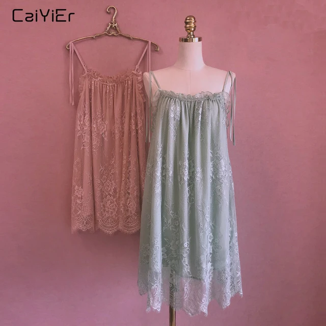 Caiyier Silk Lace Patchwork Bathrobe Nightgown Sexy Ladies Night Dress Green Pink Sleep Dress Summer 2019 Female Lingerie green