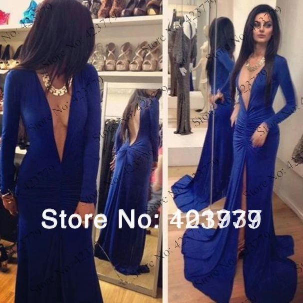 Long Blue Prom Dress Sexy Deep V Neck Low Cut Open Back Cleavage