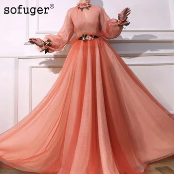 

Orange Elegant O Neck Flower A Line Tulle Evening Dress Pleat Robe De Soiree Prom Vestidos De Fiesta Formal Party Dress