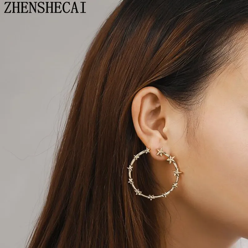 

Vintage Circle Large Star Earrings Gold color simple design round stud Earrings For Women geometric Jewelry gift e0193