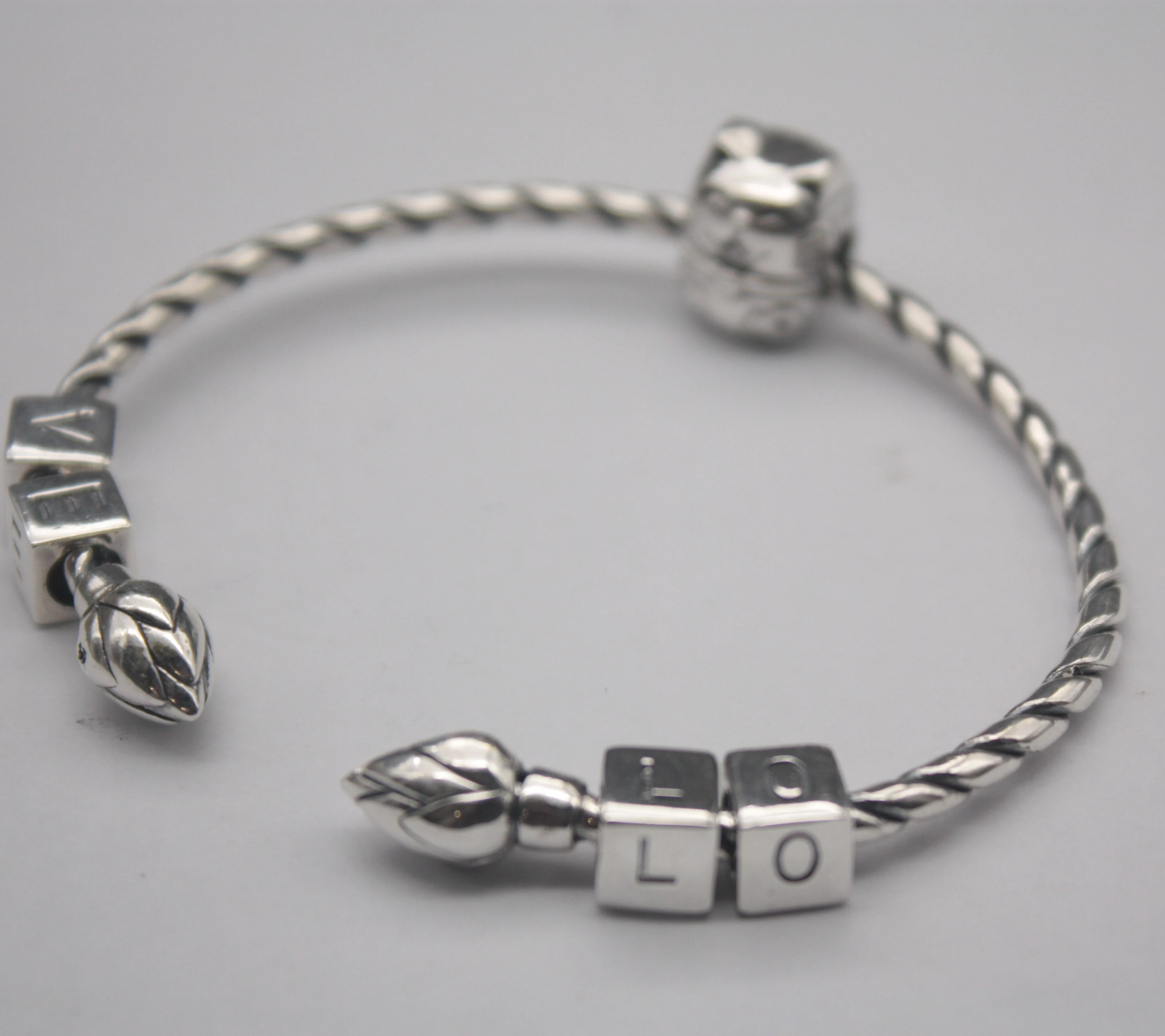 

Elegant Real S925 Silver Bangle Rope Pattern Weaving Link Luck Cat Women's Girl 55-58mmDia Bangle Lover Gift