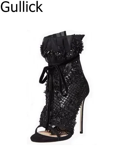 

Women Elegant Black Lace Crystal Embellished High Heel Sandal Peep Toe Ankel Lace-up Gladiator Sandal Boots Back Zipper Heels