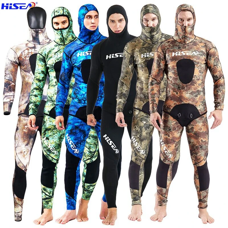 Hisea 3.5 mm Men Camo Diving suit YAMAMOTO SCR Neoprene Spearfishing Suit  warm With hat Hooded freediving Smooth shin Wetsuit