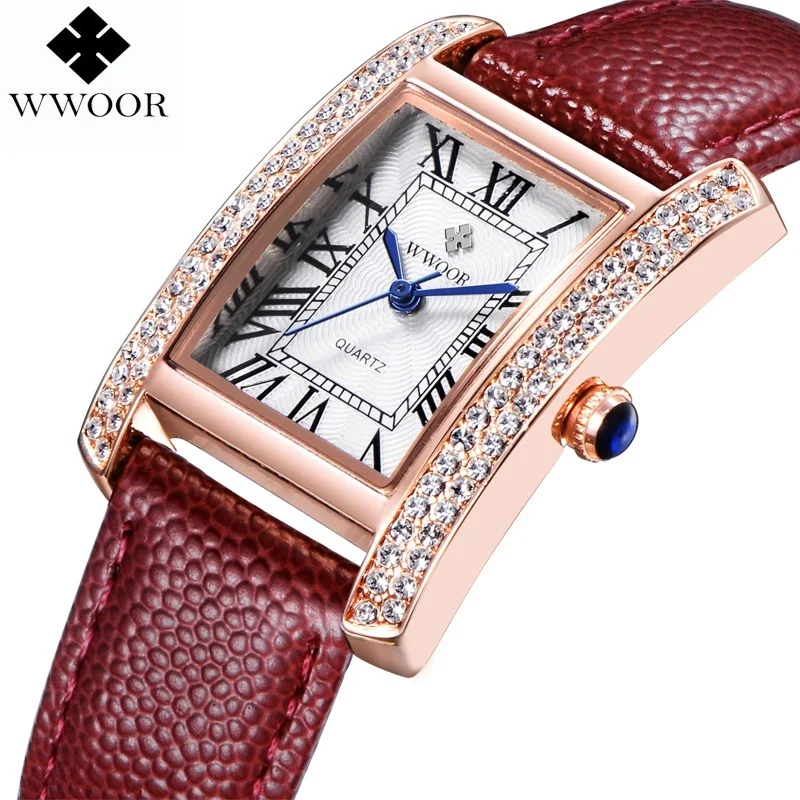

WWOOR 2016 New Brand Fashion Women Watches Quartz Watch Diamonds Dress Ladies Casual Crystal Sports Wristwatch Leather strap Red