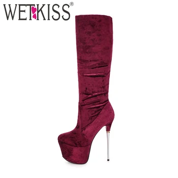 

WETKISS 2018 Fashion Ladies Shoes Super High Heels Flock Knee Boots Thick Platform Stiletto Bar Women Shoes Slip Winter Footwear