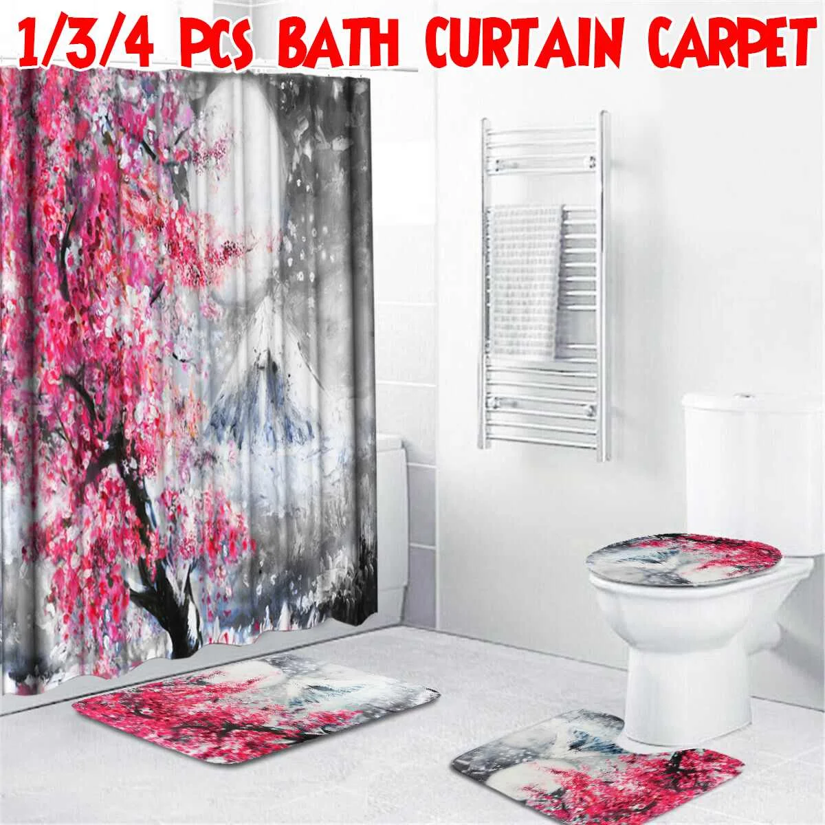 

NEW Cherry Snow Printing Waterproof Shower Curtain Bath Curtains Toilet Cover Mat Non-Slip Rug Set Bathroom Accessories
