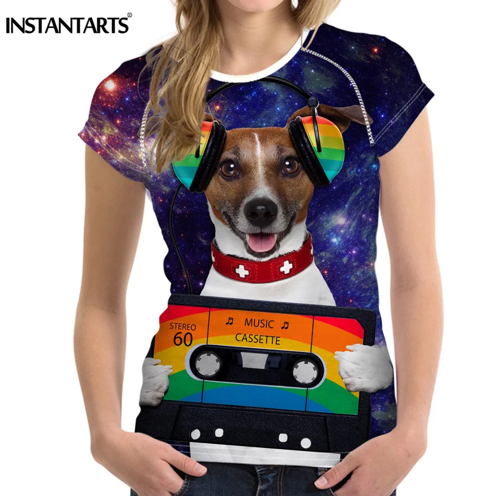 

INSTANTARTS Galaxy Star Dog Women Short Sleeve Running T Shirt Summer Quick Dry Sport Fitness Tops Tee Shirt for Female Girls