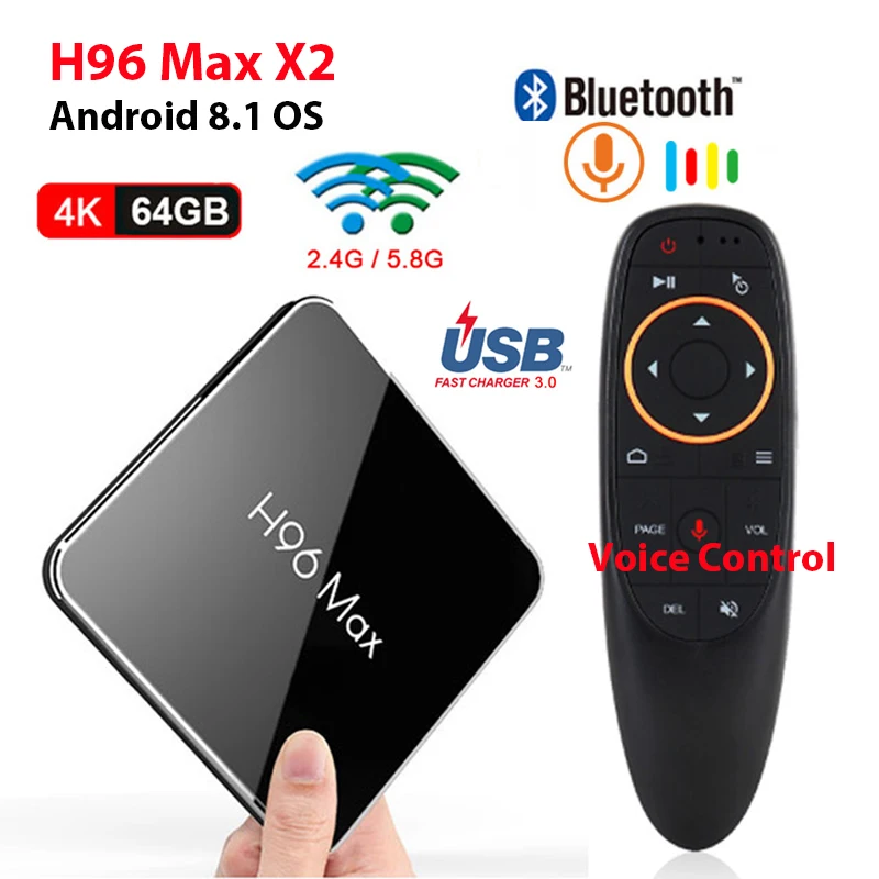 

Android 8.1 H96 Max X2 TV BOX Amlogic S905X2 Quad Core 4GB DDR4 64GB ROM 2.4G 5G Dual WiFi USB3.0 100M LAN HDMI 2.1 4K Media BOX