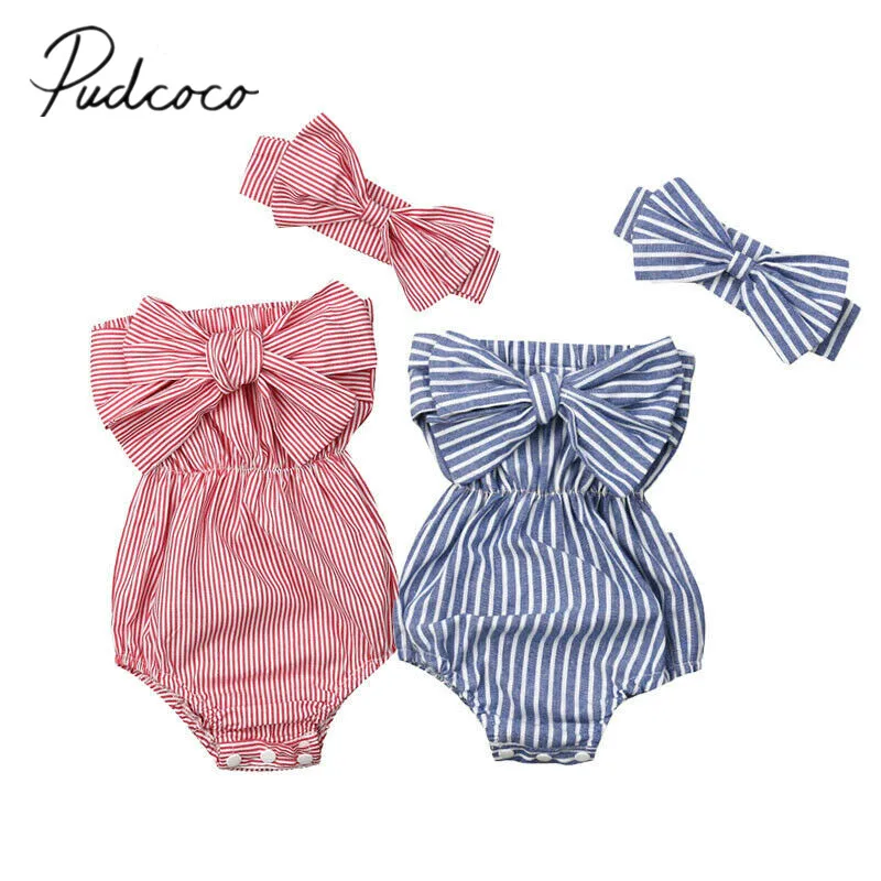 

2019 Baby Summer Clothing Newborn Baby Girls Strapless Bodysuit Off Shoulder Striped Bowknot Jumpsuit Sleeveless Headband Outfit