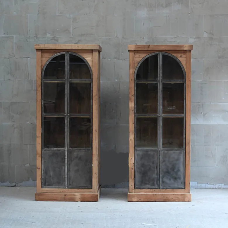 Cheap Nordic wood retro iron arch bookcases display showcase industrial loft book