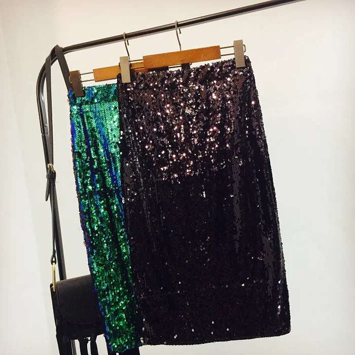 Шикарная юбка-карандаш с блестками, эластичная талия, Женская облегающая юбка с высокой талией, Женская Блестящая юбка для вечеринки, корейский стиль, зеленая юбка - Цвет: Черный