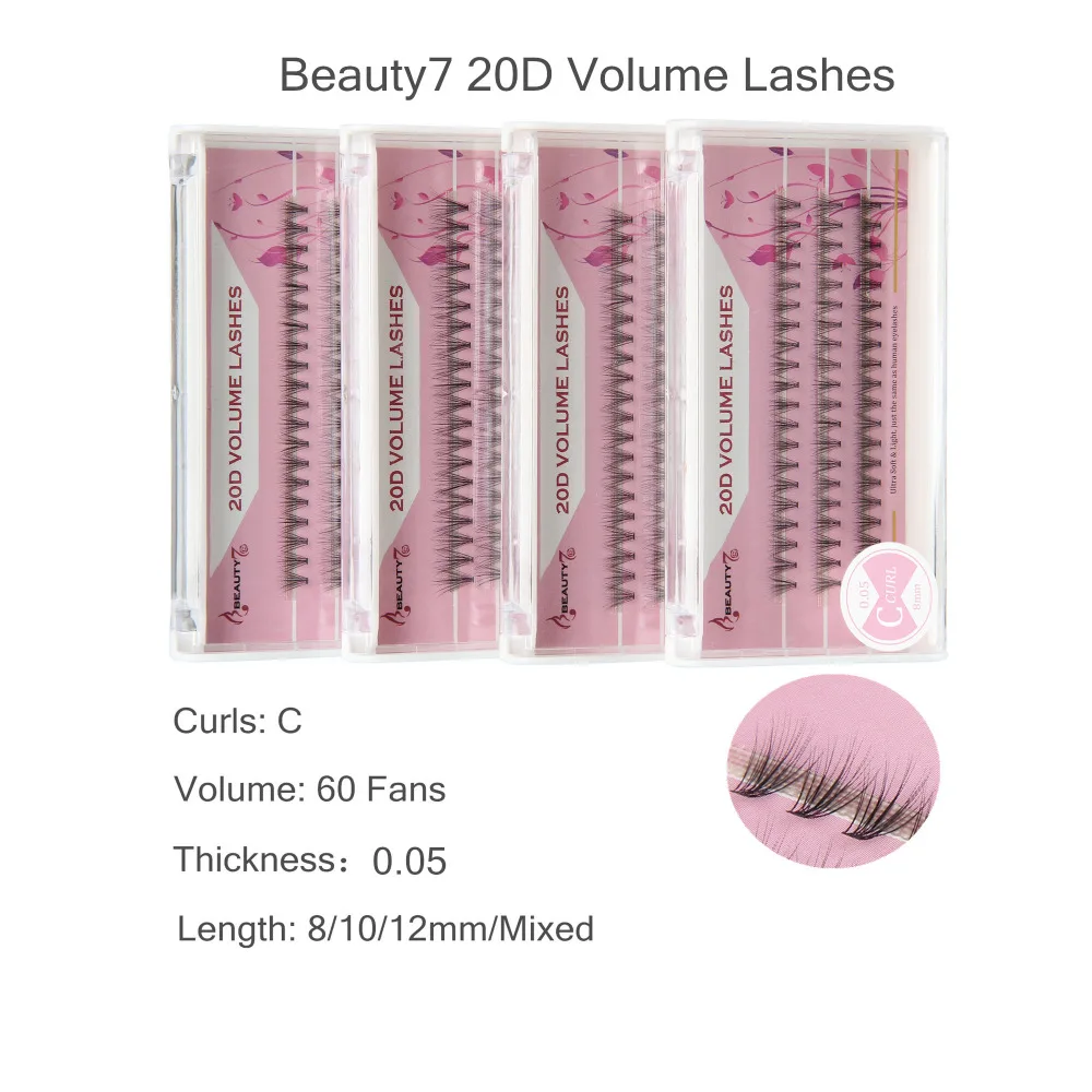 BEAUTY7 60fans/box C Curl 0.05mm Mixed 8~12mm 20D Volume Individual Eyelashes Extension Makeup False Eyelash Magnetic Mink Lash ресницы накладные ресницы для наращивания наращивание ресниц для наращивания ресниц
