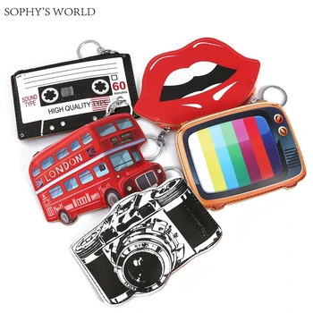 

Funny Cartoon Mini Wallet Girls Keychain Card Holders Leather Bus Camera Smile Lipstick Zipper Change Wallet Childern Purse