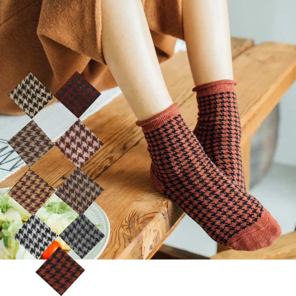 الرجعية Houndstooth و الصوف مزيج أرنب النساء الجوارب خمر البريطانية منقوشة الخريف الشتاء الجوارب الأزياء فحص شعرية جيدة الجوارب الدافئة