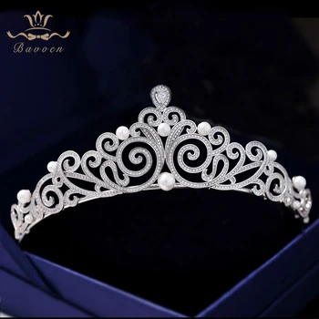 

Top Quality Vintage Royal Queen Full Zircon Brides Crowns Tiaras Pearls Wedding Headband Sliver Bridal Hair Accessory