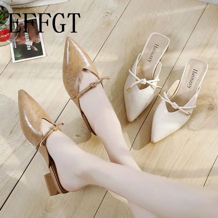 

EFFGT 2019 new Party Chic Women Mules Pointed Toe slipper Shallow mouth low Heels Shoes Sandals Black Beige Korean slipper K317