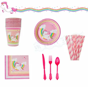 

8 Sets Unicorn Pink Party Supplies Rainbow First Birthday Party Table Decorations Paper Cups Paper Plates Paper Napkins