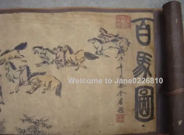 

Chinese Qing Dyansty Scroll Painting one hundred horses, 385cm long