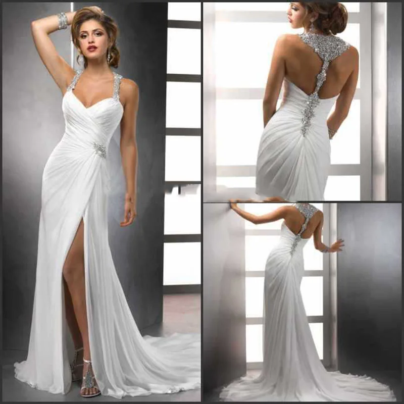 

2019 New Arrive Halter Beading Chiffon Mermaid Wedding Dresses Court Train Backless Bridal Gowns