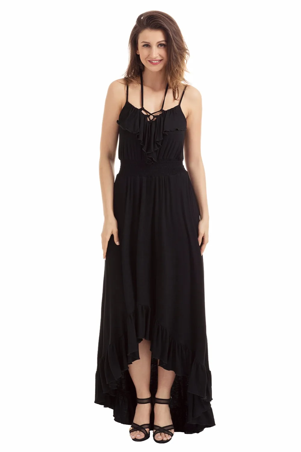 Black-Lace-Up-V-Neck-Ruffle-Trim-Hi-low-Maxi-Dress-LC61510-2-5