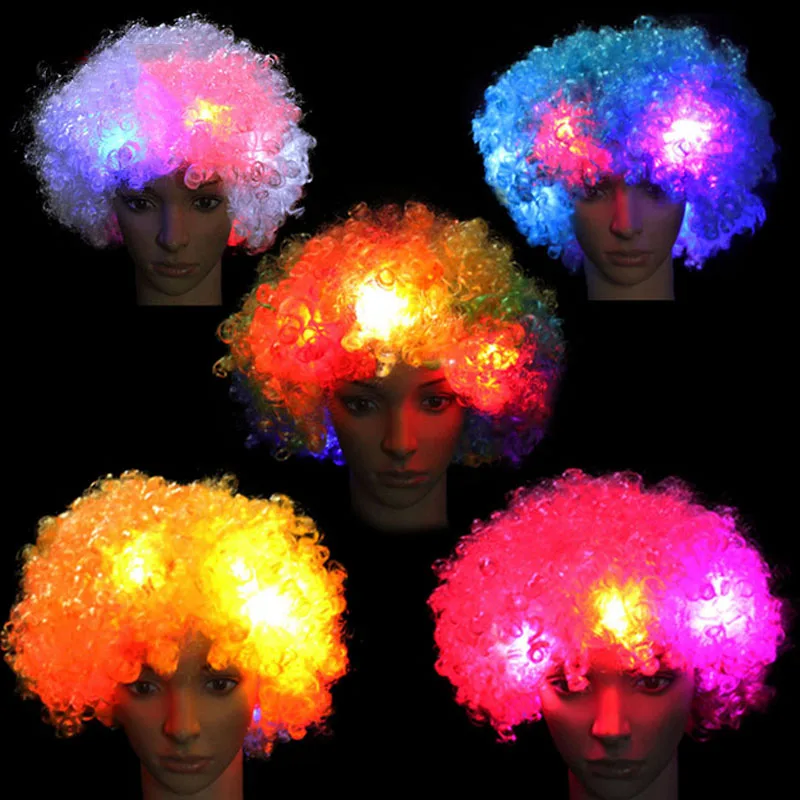 Ledakan Amazing Kepala LED Light Berkelip Rambut Kerinting Rambut palsu Kipas Parti Hat Glow Birthday Party nipis tahun baru rambut palsu