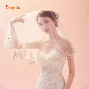 

1.5 Meters Short Tulle Veil for Bridal Champagne Appliques Beaded Wedding Veils Simple Elegant Wedding Accessories V57