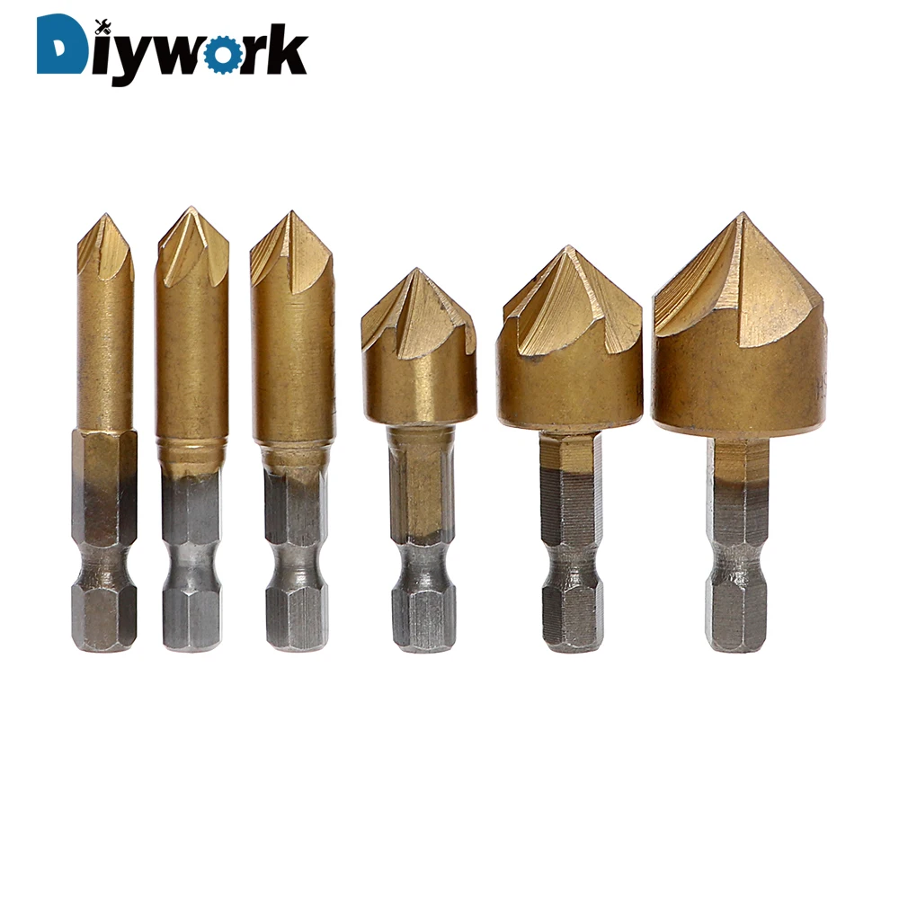 DIYWORK 6PCS HSS 6mm 19mm Wood Chamfering Cutter Chamfer Drill Bit