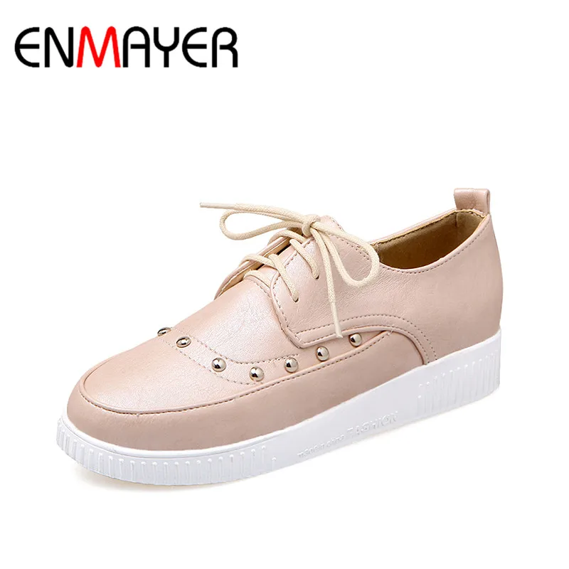 

ENMAYER Woman Summer Fashion Flat Heel Round Lace Up Dating Mtal Shoes Pure Color Black Pink White Shoes Size 34-43