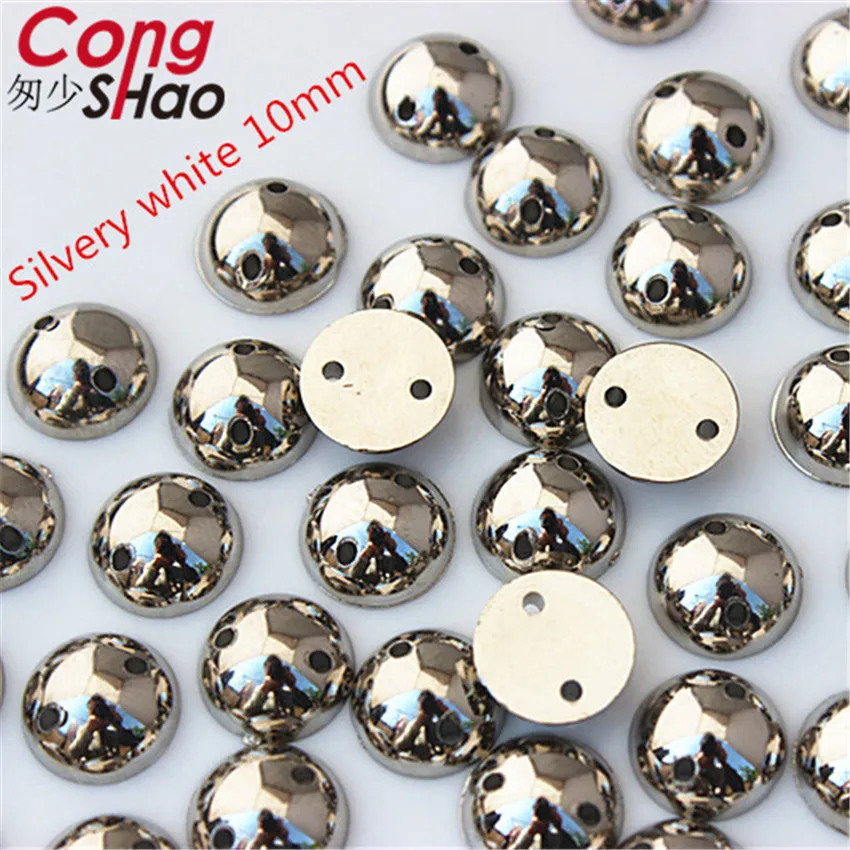 Cong Shao 100Pcs 10mm Gold Color stones and crystal Acrylic Round rhinestone trim flatback sewing 2 Hole DIY Wedding Dress ZZ733