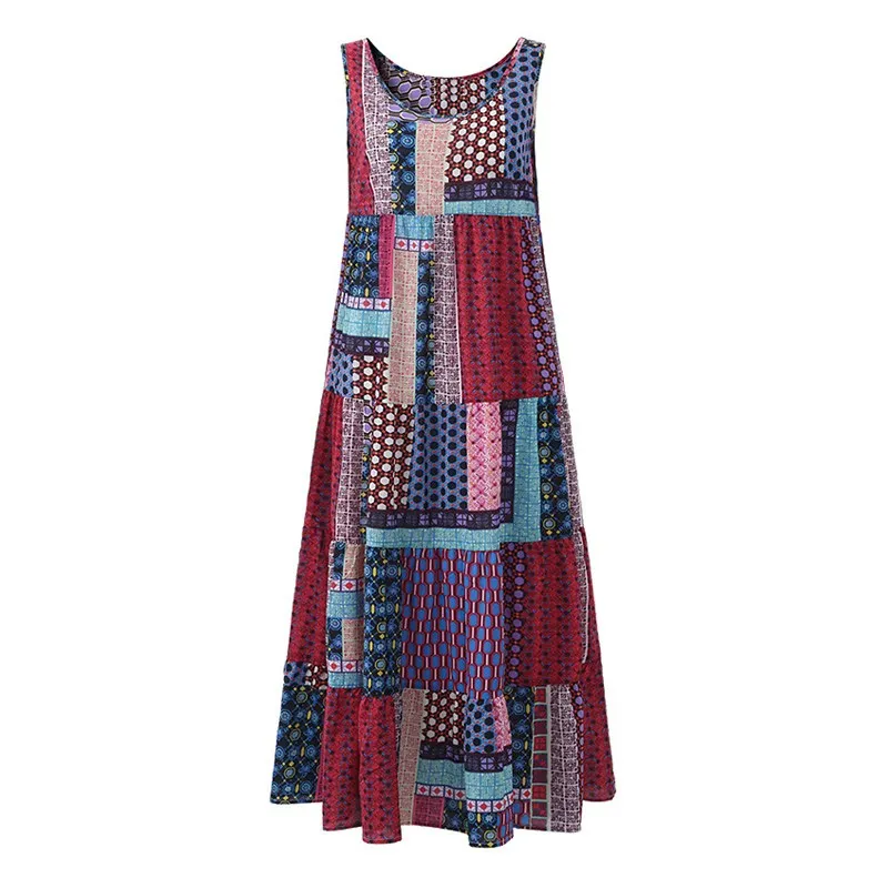 Женское летнее длинное пляжное платье ZANZEA размера плюс 5XL, повседневное свободное платье без рукавов в стиле пэчворк с неровным принтом, богемное платье на бретелях