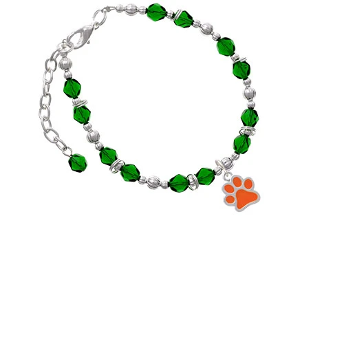 Silvertone Medium Translucent Orange Paw Green Beaded Bracelet