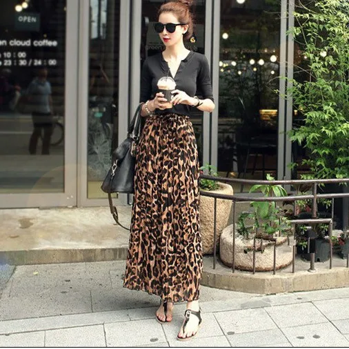 Stinlicher Fashion Women Summer Beach Leopard Casual Chiffon Max Skirt Pleated Long Skirt Ladies Elastic Waist Long Skirt