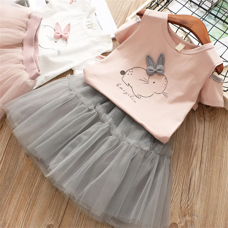 Платье для девочек брендовые Детские платья для девочек с кроликом из мультфильма, комплект с милым Кроликом, футболка с короткими рукавами+ платье с вуалью пасхальное платье для девочек из 2 предметов